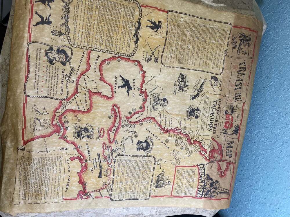 Original 1965 Historical Documents Co. Sunken and Buried Treasures Pirate Map
